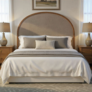 Rowena Interiors Solid Oak Arched King Headboard with Linen Upholstery for Modern Farmhouse Bedrooms EC1955