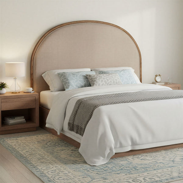 Rowena Interiors Solid Oak Arched King Headboard with Linen Upholstery for Modern Farmhouse Bedrooms EC1955