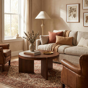 Rowena Interiors Round Mango Wood Coffee Table with Slatted Top and Tripod Base for Modern Living Rooms EC1956