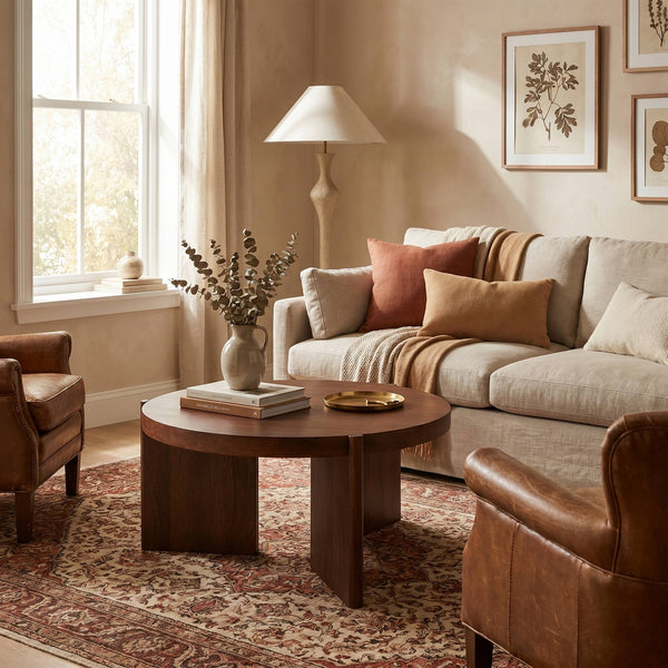 Rowena Interiors Round Mango Wood Coffee Table with Slatted Top and Tripod Base for Modern Living Rooms EC1956