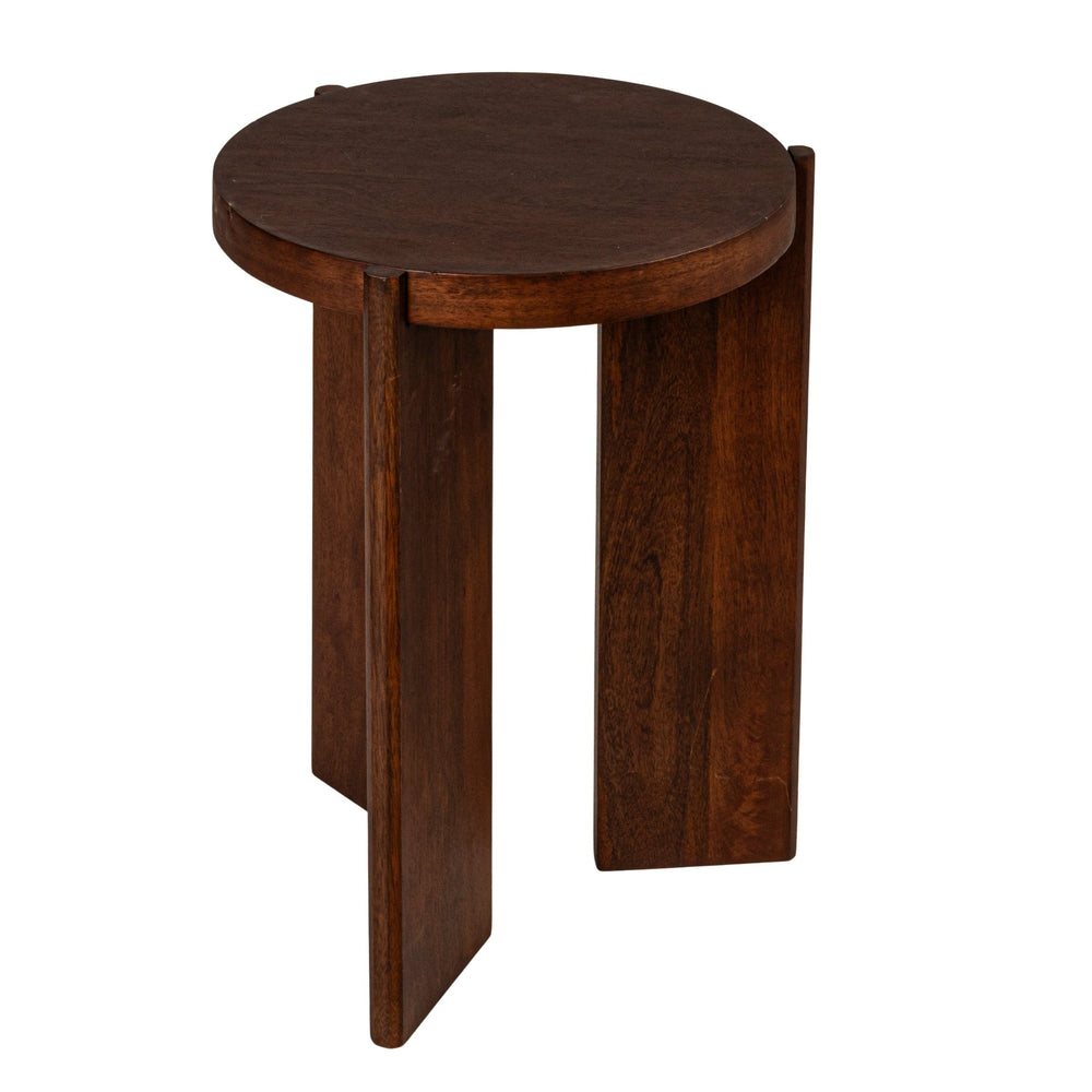 Rowena Interiors Round Mango Wood End Table with Sculptural Panel Legs and Warm Walnut Grain Finish EC1957