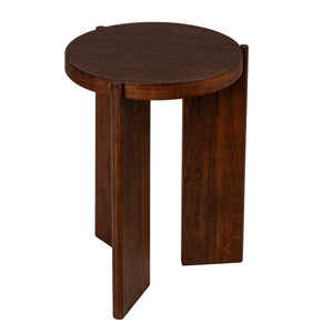 Rowena Interiors Round Mango Wood End Table with Sculptural Panel Legs and Warm Walnut Grain Finish EC1957