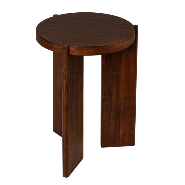 Rowena Interiors Round Mango Wood End Table with Sculptural Panel Legs and Warm Walnut Grain Finish EC1957