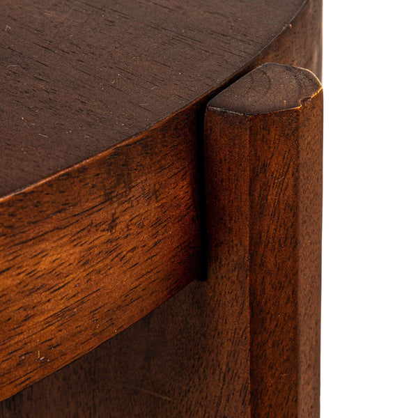 Rowena Interiors Round Mango Wood End Table with Sculptural Panel Legs and Warm Walnut Grain Finish EC1957