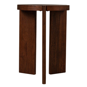 Rowena Interiors Round Mango Wood End Table with Sculptural Panel Legs and Warm Walnut Grain Finish EC1957