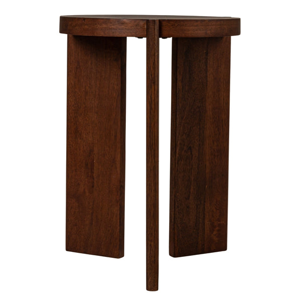 Rowena Interiors Round Mango Wood End Table with Sculptural Panel Legs and Warm Walnut Grain Finish EC1957