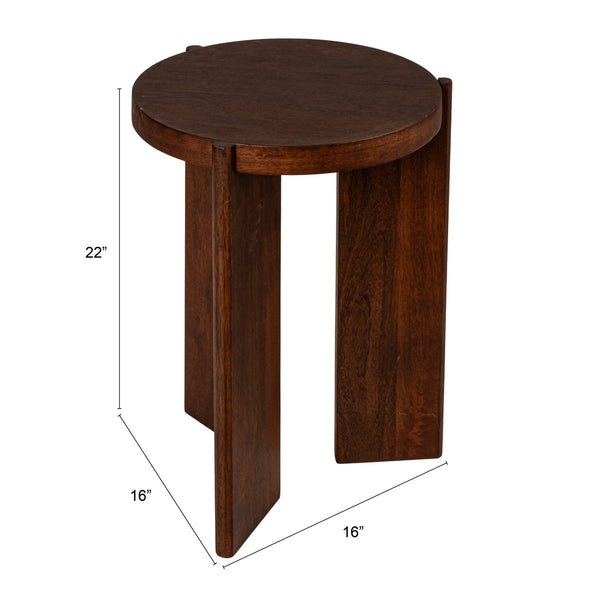 Rowena Interiors Round Mango Wood End Table with Sculptural Panel Legs and Warm Walnut Grain Finish EC1957