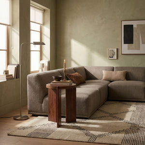 Rowena Interiors Round Mango Wood End Table with Sculptural Panel Legs and Warm Walnut Grain Finish EC1957