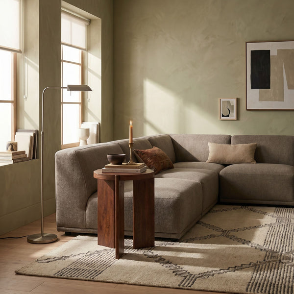 Rowena Interiors Round Mango Wood End Table with Sculptural Panel Legs and Warm Walnut Grain Finish EC1957