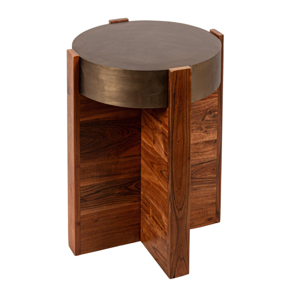 Rowena Interiors Round Acacia Wood End Table with Antique Brass Metal Top for Living Room Nooks Walnut EC1958