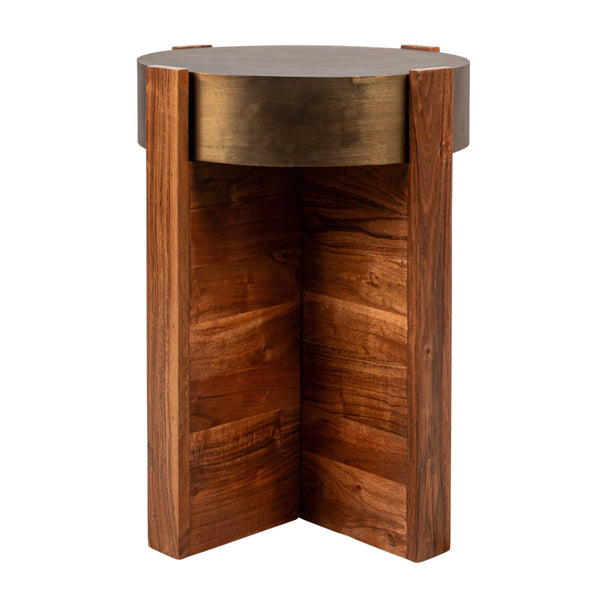 Rowena Interiors Round Acacia Wood End Table with Antique Brass Metal Top for Living Room Nooks Walnut EC1958