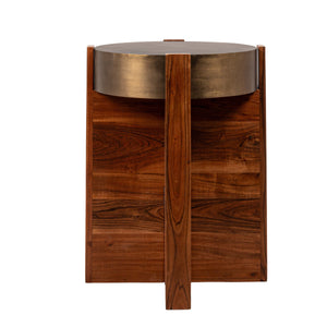 Rowena Interiors Round Acacia Wood End Table with Antique Brass Metal Top for Living Room Nooks Walnut EC1958