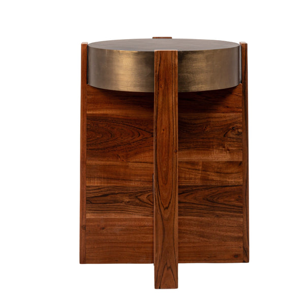 Rowena Interiors Round Acacia Wood End Table with Antique Brass Metal Top for Living Room Nooks Walnut EC1958