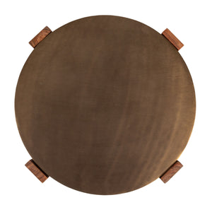 Rowena Interiors Round Acacia Wood End Table with Antique Brass Metal Top for Living Room Nooks Walnut EC1958