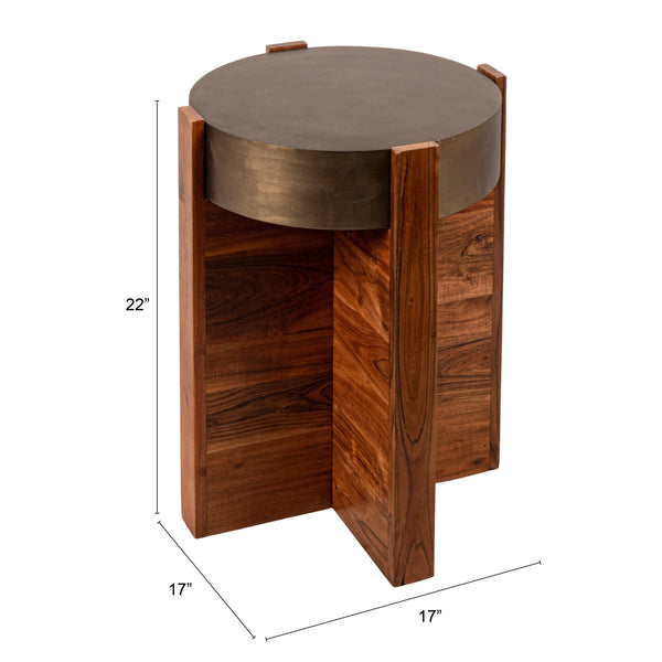 Rowena Interiors Round Acacia Wood End Table with Antique Brass Metal Top for Living Room Nooks Walnut EC1958
