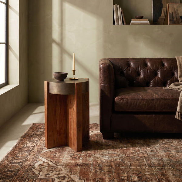 Rowena Interiors Round Acacia Wood End Table with Antique Brass Metal Top for Living Room Nooks Walnut EC1958