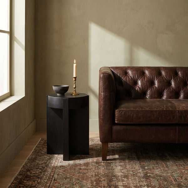 Rowena Interiors Round Acacia Wood End Table with Antique Brass Metal Top for Living Room Nooks Black EC1959