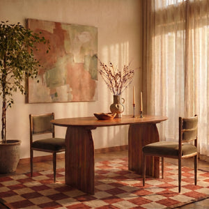 Rowena Interiors Pill-Shaped Solid Acacia Wood Dining Table with Sculptural Half Moon Base Seats Six Natural Finish EC1966