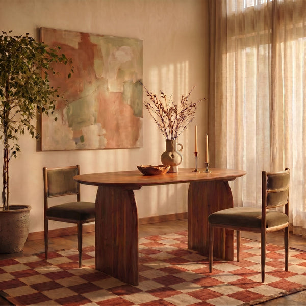 Rowena Interiors Pill-Shaped Solid Acacia Wood Dining Table with Sculptural Half Moon Base Seats Six Natural Finish EC1966
