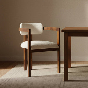 Rowena Interiors Acacia Wood Arm Dining Chair Boucle Upholstered Seat Natural Grain Farmhouse Modern EC1968