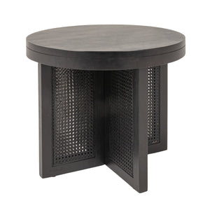 Rowena Interiors Mango Wood Round End Table with Woven Cane Panels for Living Room or Bedside Black EC1973