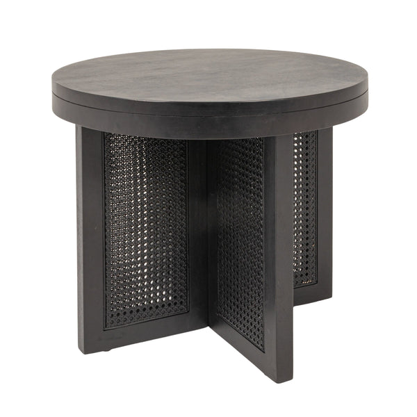 Rowena Interiors Mango Wood Round End Table with Woven Cane Panels for Living Room or Bedside Black EC1973