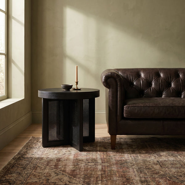 Rowena Interiors Mango Wood Round End Table with Woven Cane Panels for Living Room or Bedside Black EC1973