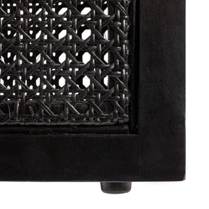 Rowena Interiors Mango Wood Round End Table with Woven Cane Panels for Living Room or Bedside Black EC1973