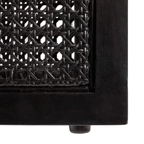 Rowena Interiors Mango Wood Round End Table with Woven Cane Panels for Living Room or Bedside Black EC1973