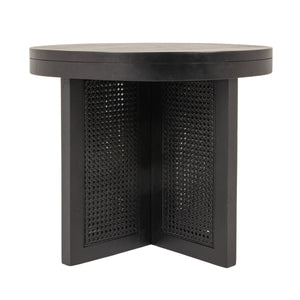 Rowena Interiors Mango Wood Round End Table with Woven Cane Panels for Living Room or Bedside Black EC1973