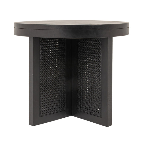 Rowena Interiors Mango Wood Round End Table with Woven Cane Panels for Living Room or Bedside Black EC1973