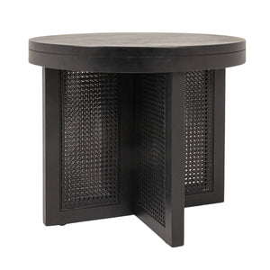 Rowena Interiors Mango Wood Round End Table with Woven Cane Panels for Living Room or Bedside Black EC1973