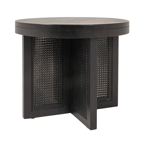 Rowena Interiors Mango Wood Round End Table with Woven Cane Panels for Living Room or Bedside Black EC1973