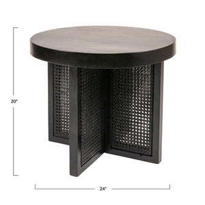 Rowena Interiors Mango Wood Round End Table with Woven Cane Panels for Living Room or Bedside Black EC1973