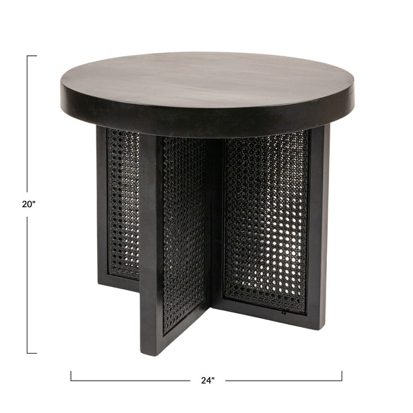 Rowena Interiors Mango Wood Round End Table with Woven Cane Panels for Living Room or Bedside Black EC1973