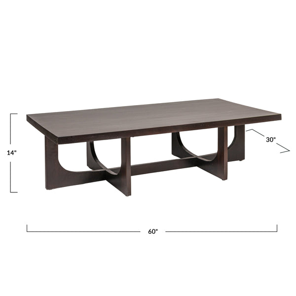 Rowena Interiors Rectangular Solid Mango Wood Coffee Table with Cross Trestle Base in Black Walnut Finish EC1974
