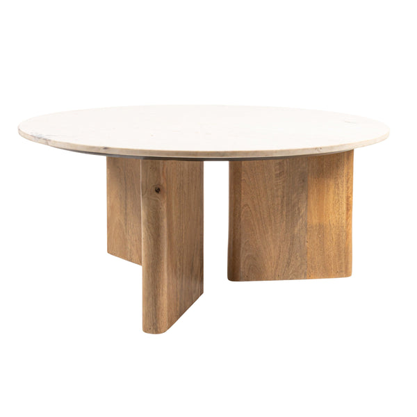 Rowena Interiors Round Marble Top Mango Wood Tripod Coffee Table Organic Modern Living Room Accent EC1978MC