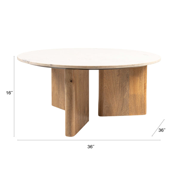 Rowena Interiors Round Marble Top Mango Wood Tripod Coffee Table Organic Modern Living Room Accent EC1978MC