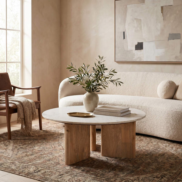 Rowena Interiors Round Marble Top Mango Wood Tripod Coffee Table Organic Modern Living Room Accent EC1978MC