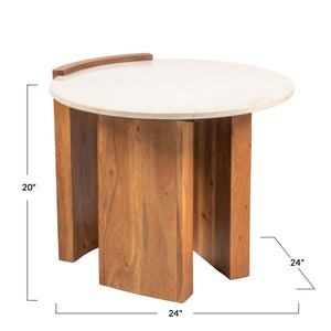 Rowena Interiors Round Marble Top Mango Wood Coffee Table with Open Slat Base for Living Rooms EC1980MC