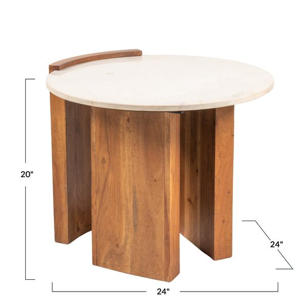 Rowena Interiors Round Marble Top Mango Wood Coffee Table with Open Slat Base for Living Rooms EC1980MC
