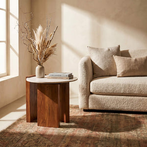 Rowena Interiors Round Marble Top Mango Wood Coffee Table with Open Slat Base for Living Rooms EC1980MC