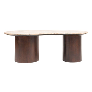 Rowena Interiors Asymmetrical Oblong Marble Top Coffee Table with Solid Mango Wood Base for Living Room EC1981MC