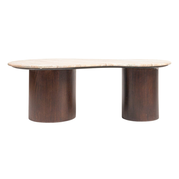 Rowena Interiors Asymmetrical Oblong Marble Top Coffee Table with Solid Mango Wood Base for Living Room EC1981MC
