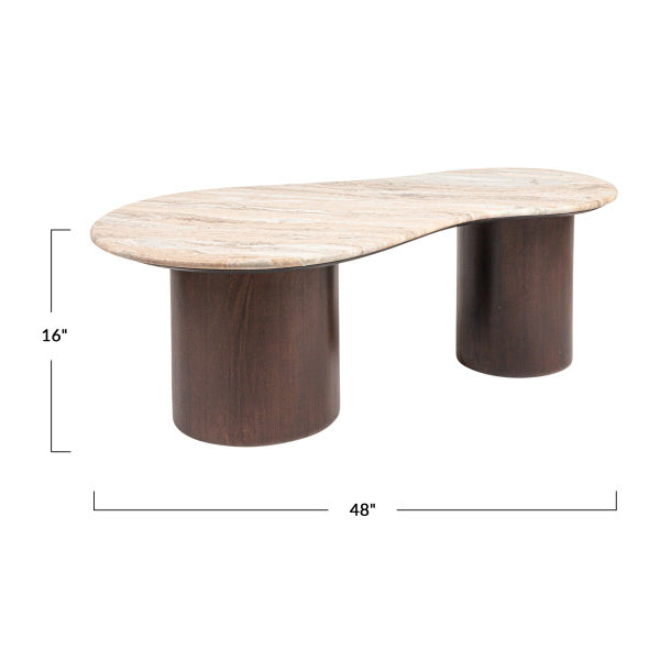 Rowena Interiors Asymmetrical Oblong Marble Top Coffee Table with Solid Mango Wood Base for Living Room EC1981MC