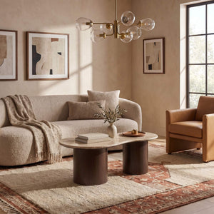 Rowena Interiors Asymmetrical Oblong Marble Top Coffee Table with Solid Mango Wood Base for Living Room EC1981MC