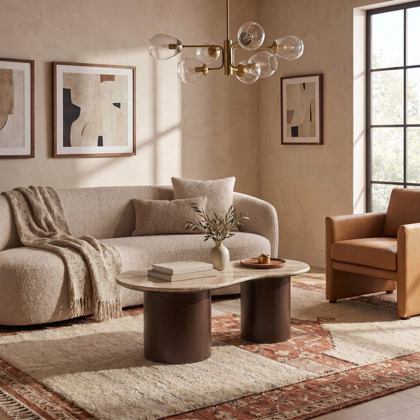 Rowena Interiors Asymmetrical Oblong Marble Top Coffee Table with Solid Mango Wood Base for Living Room EC1981MC