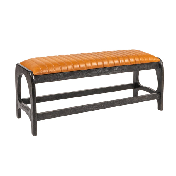 Rowena Interiors Mango Wood Arch Base Bench with Channel Stitched Seat for Entryway or Bedroom Black Leather EC1983