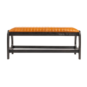 Rowena Interiors Mango Wood Arch Base Bench with Channel Stitched Seat for Entryway or Bedroom Black Leather EC1983
