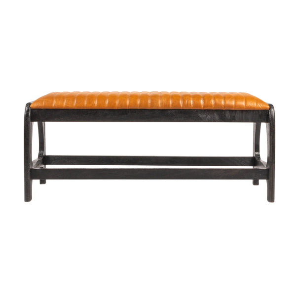 Rowena Interiors Mango Wood Arch Base Bench with Channel Stitched Seat for Entryway or Bedroom Black Leather EC1983
